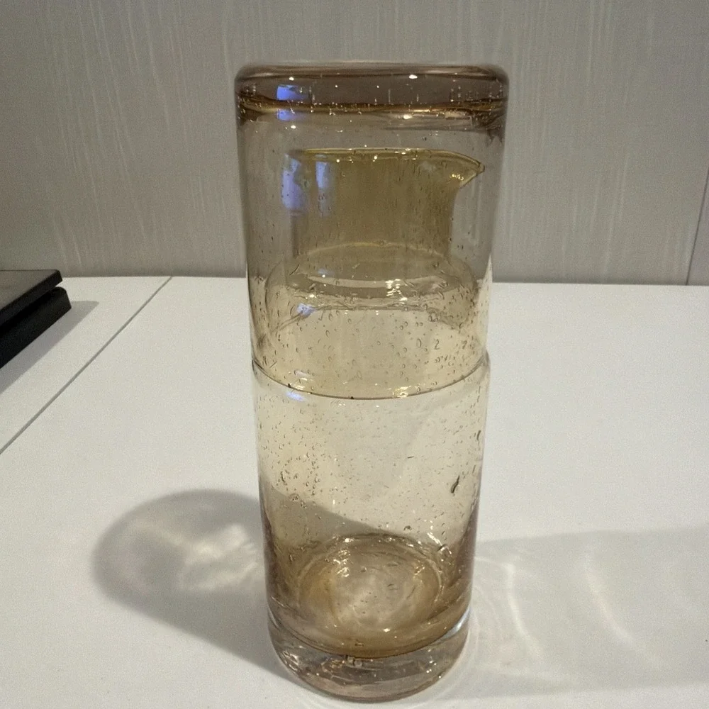 VTG MCM Amber Mouth‎ Blown Bubble Glass Decanter Tumbler Bedside Carafe 8.5